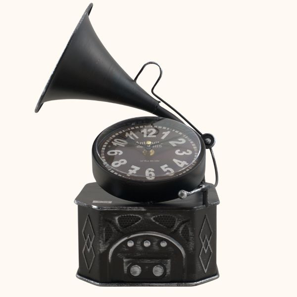 Antique Finish Cast Metal Desk Table Clock Gramophone Design, Nice Gift for Housewarming, Anniversaries, Birthdays and Other Occasions